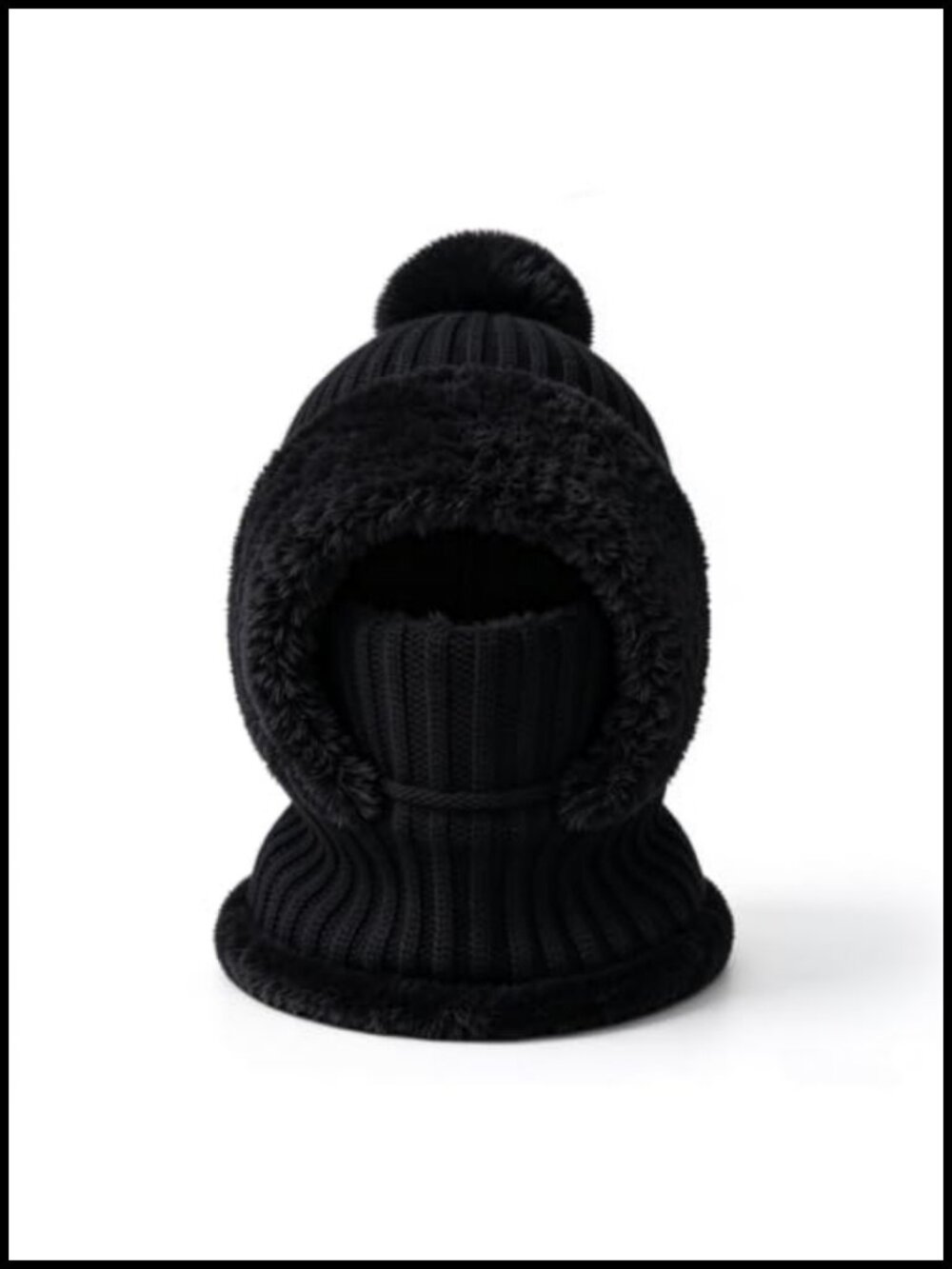Fuzzy Knit Winter Hat Neck Face Cover Integrated Fleece Lined Balaclava